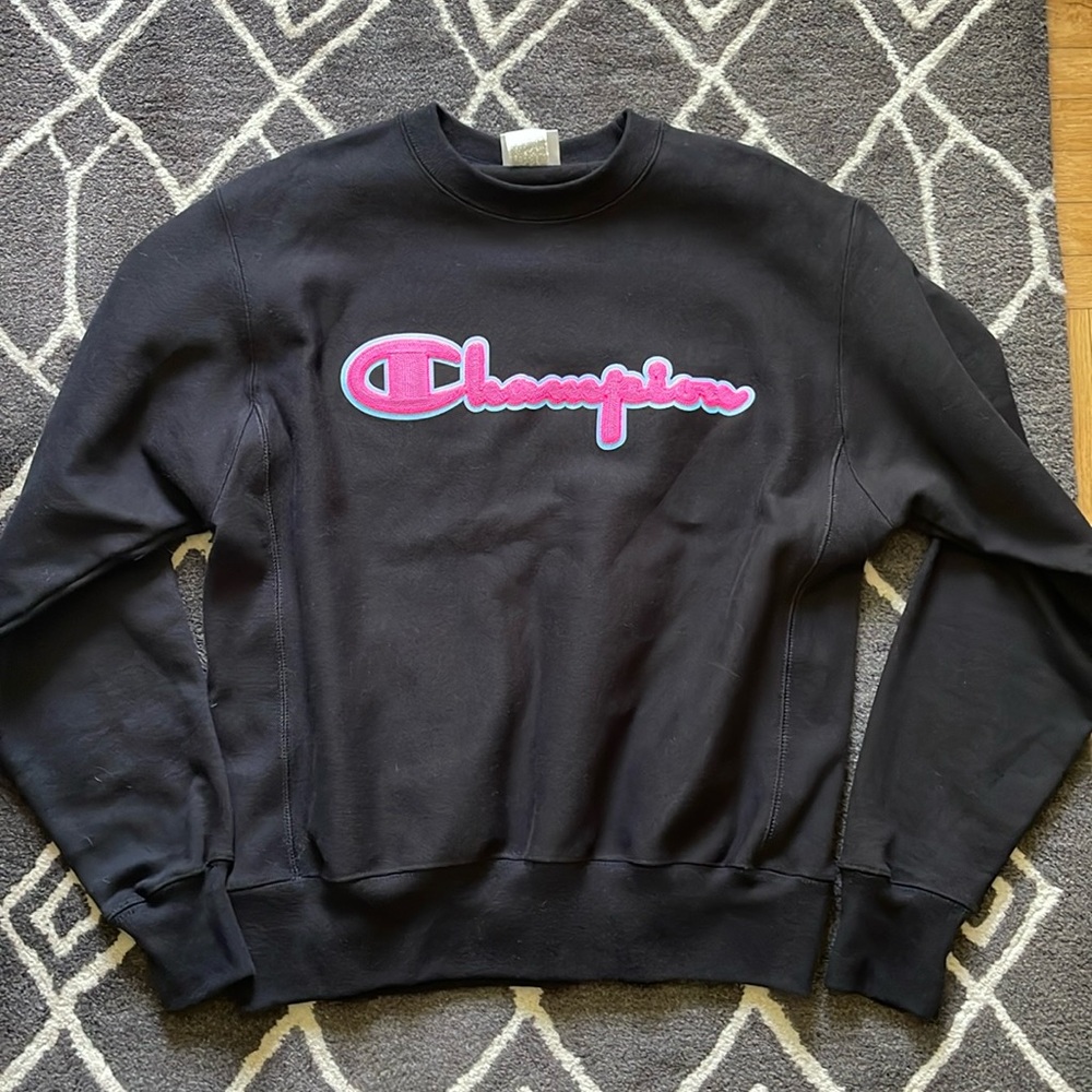 Champion Reverse Weave Black & Hot Pink/Turquoise Crewneck Sweater Size M